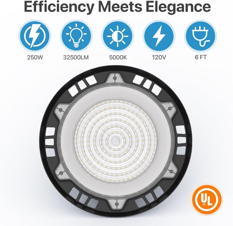 Hyperlite High Bay LED Lights: 2-Pack 250W UFO LED Light with Plug & Play Plug - 5000K IP65 Waterproof Shatterproof Lighting Fixture - Image 2